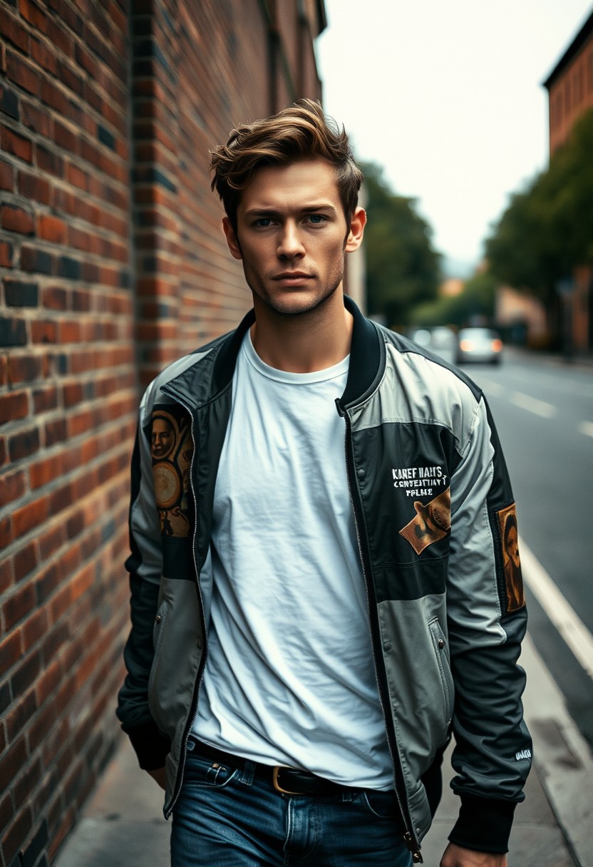 Jamie Dornan head and body shot, handsome, young, serious face, brown hair, white t-shirt, collage jacket, skinny jeans, sneakers, walking hot style, near the road, hyper-realistic, street photography, brick wall, full body photo.