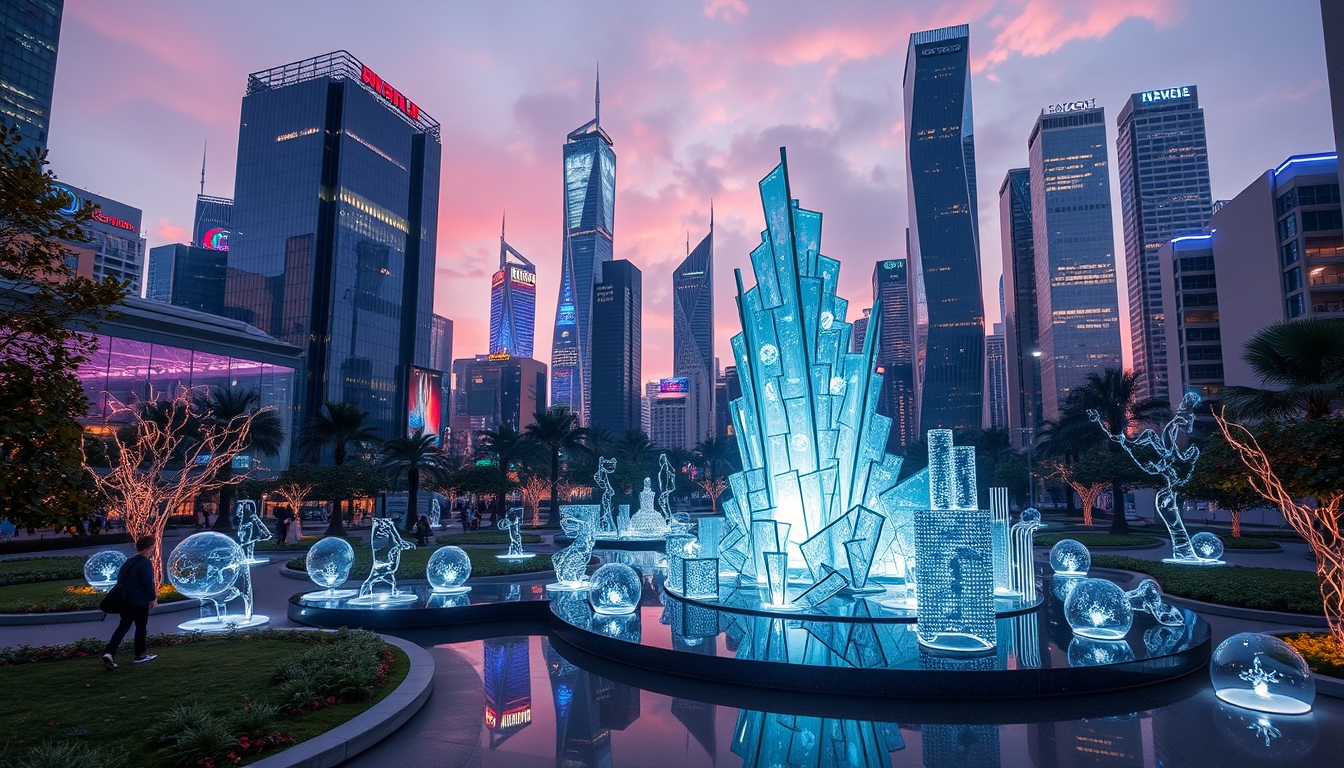 A futuristic city park with glass sculptures and interactive installations. - Image