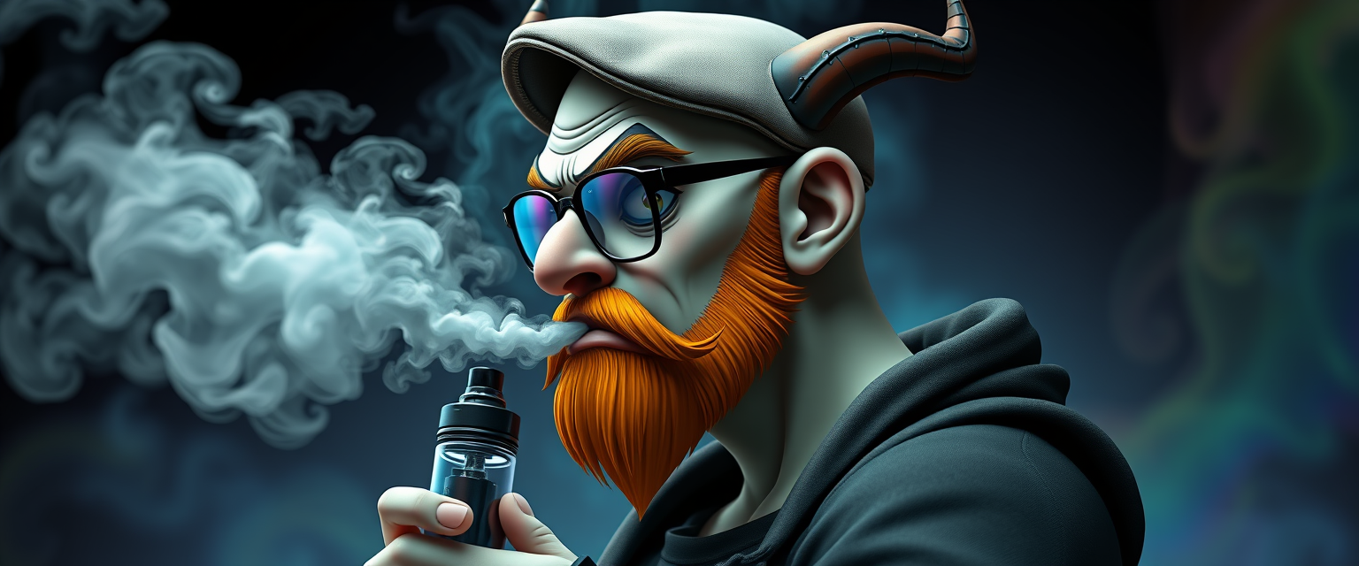 Three-quarter view of a sinister, bald cartoon human male with necromancer lich features. Demonic horns, short fiery ginger beard contrasts with dark eyebrows. Wears a weathered flat cap and aviator glasses. Clutches a sleek vape mod, exhaling dense, swirling vapor clouds. Vibrant e-liquid drips off his pale skin, creating a colorful aura. 3D rendered.