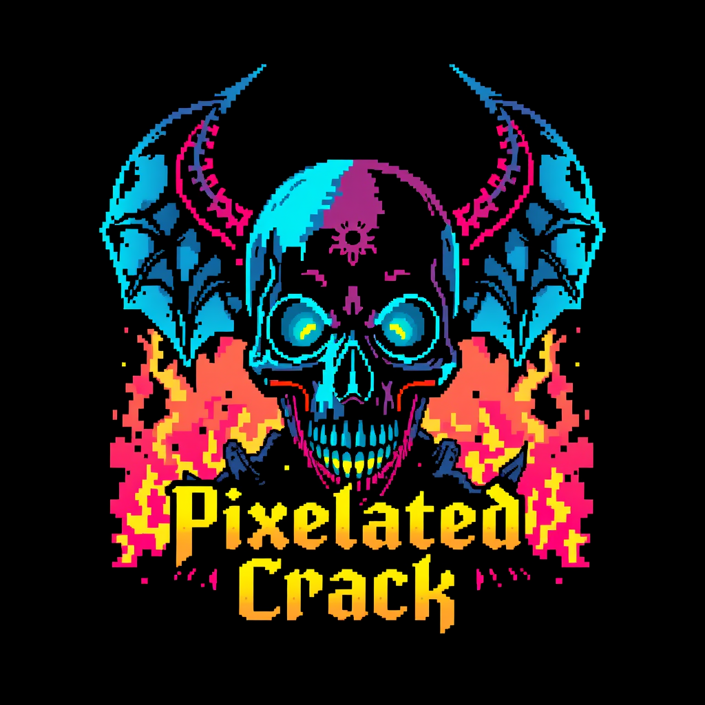 T-shirt design with a blocky, colorful 8-bit style of a death metal band blended with chiptune. The visual should be unique and striking but macabre blended with beauty, and the band name is "Pixelated Crack."