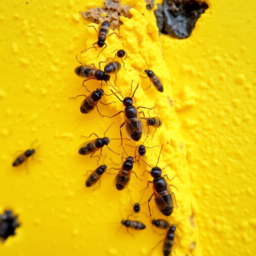 Some insects in a small queue, yellow background, realistic photograph.