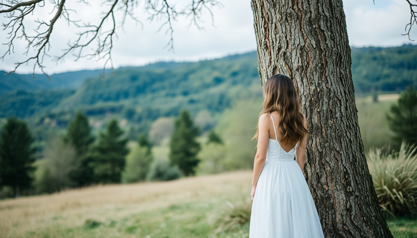 A woman in a white dress looking at the tree.