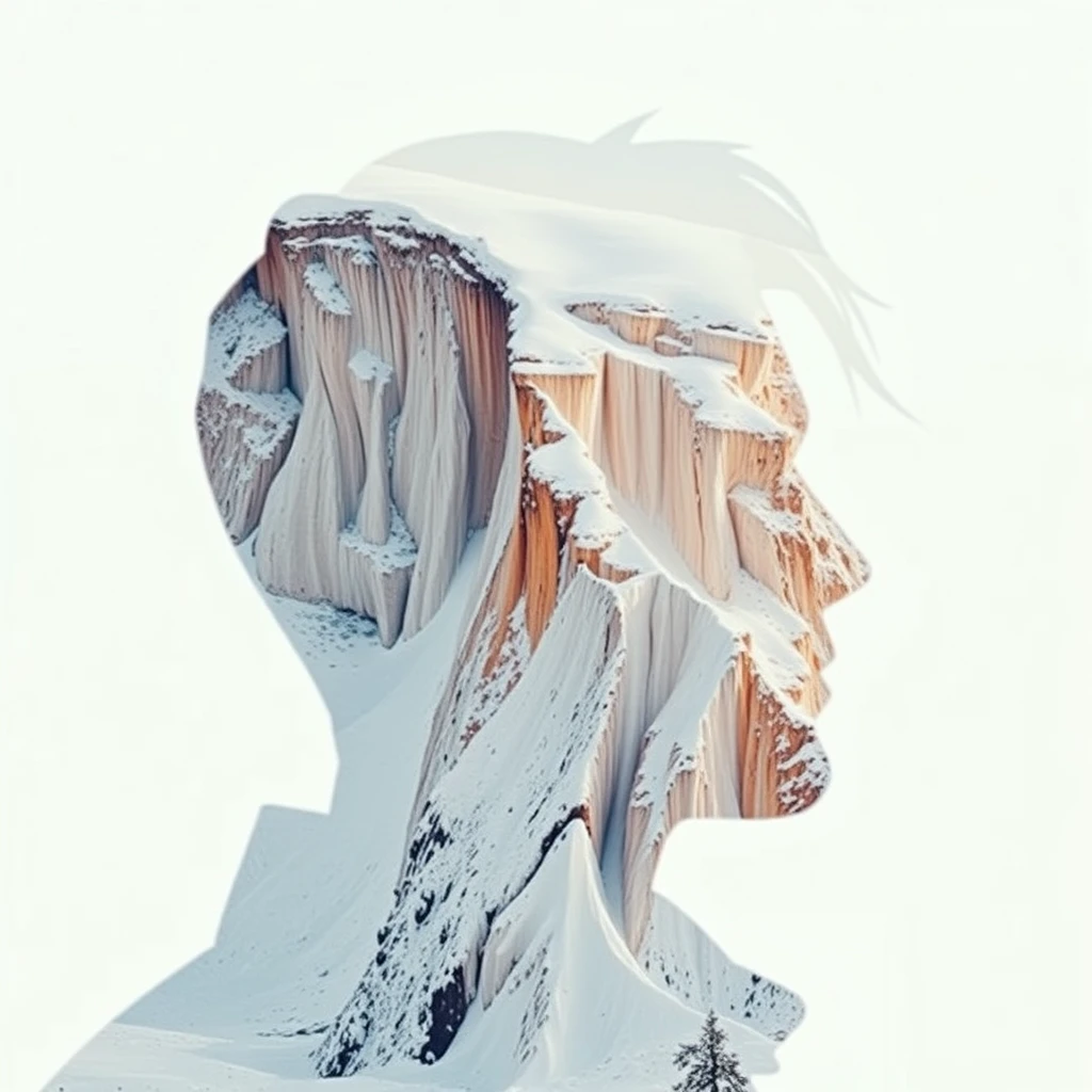 "[Abstract style of a snow-covered cliff] within the outline of [a man's] head, this is a double exposure photo. Non-figurative, colors and shapes, emotional expression, imaginative, very detailed."