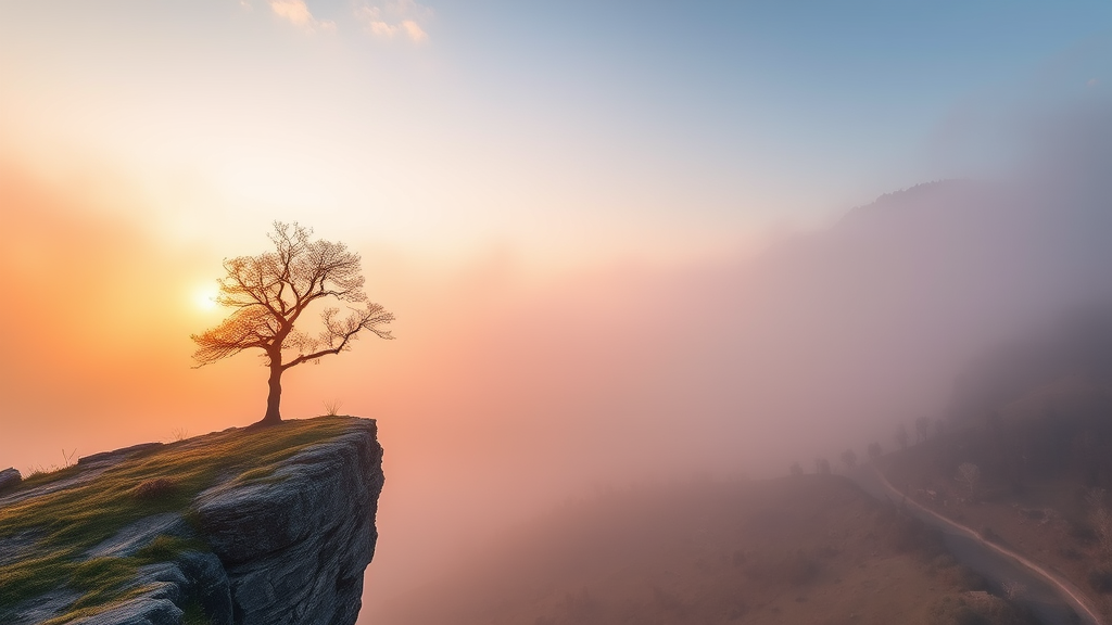 a lone tree on the edge of a cliff at sunrise in a foggy valley, by Ivan Grohar, a picture, art photography, misty mood, foggy landscape, dawn light, at sunrise, an amazing landscape image, award winning landscape photo