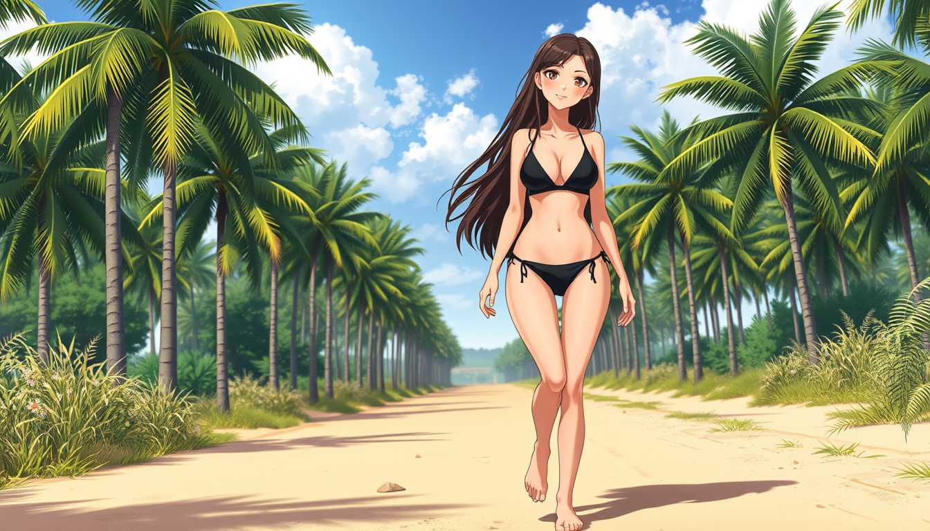 Anime background, a beautiful Caucasian brunette girl with long hair wearing a black bikini walking on a sandy country road, palm trees, barefoot, smiling, model body type.