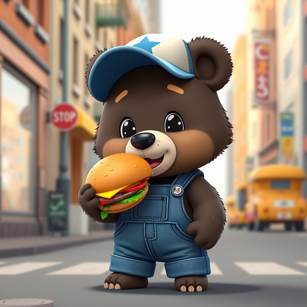 cute cartoon bear cub, dressed in denim overalls and baseball cap, standing on a city street, eating a hamburger. 3d cartoon style, 4k