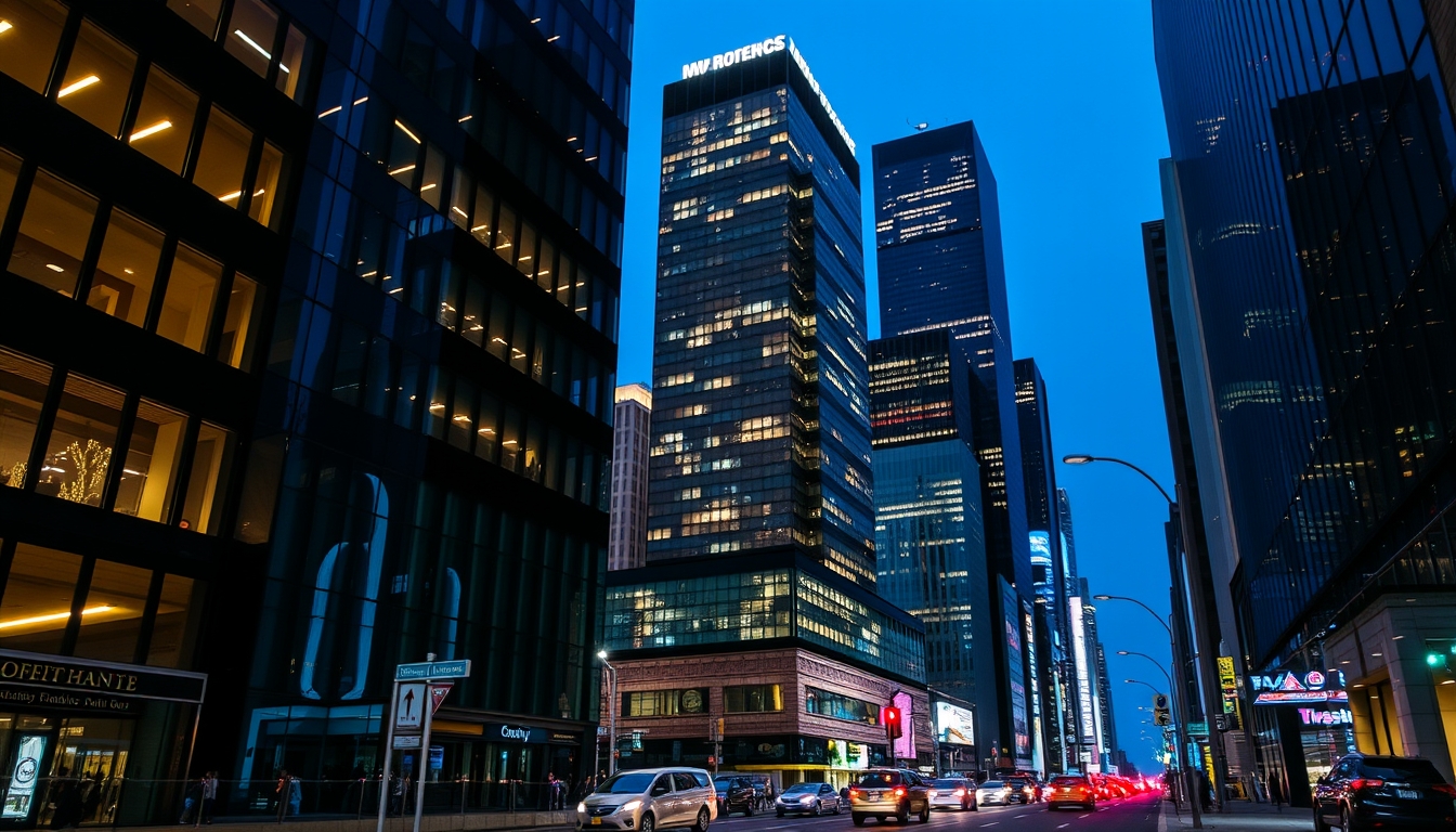 A vibrant city street at night, with reflections in the glass windows of skyscrapers. - Image