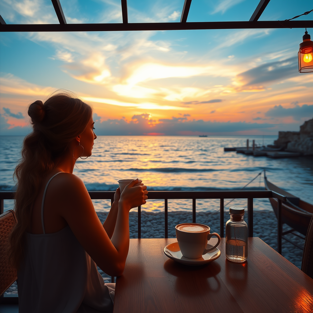 ☕ **Sunset Coffee**: "Woman at seaside café, aromatic coffee, watching sunset, sea and sky merging, tranquility, photorealistic style" - Image