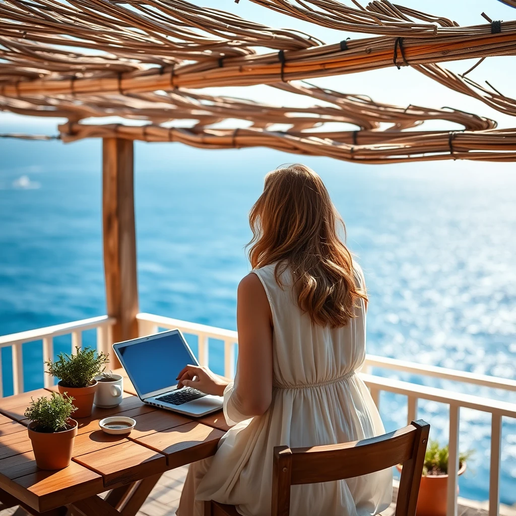 A serene terrace overlooking the blue ocean, with gentle waves visible in the distance. A 40-year-old woman is sitting at a wooden table on the terrace, writing on a laptop. Her back is turned to the viewer, revealing long, slightly wavy hair. She wears a light, flowing dress that moves gently in the sea breeze. The atmosphere is peaceful, with warm sunlight casting soft shadows. Potted plants and a cup of coffee are on the table beside the laptop, adding a cozy touch to the scene. --v 5 --ar 16:9 --q 2 - Image