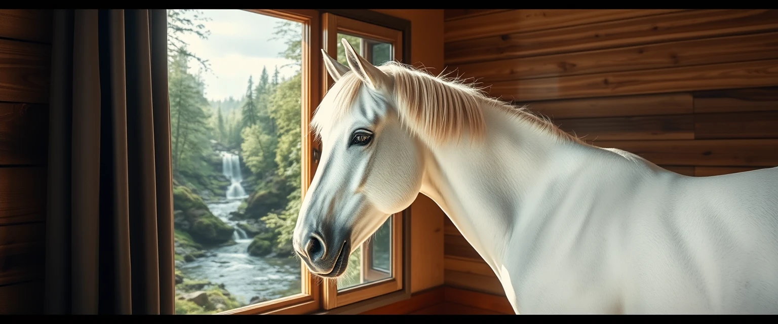 A white horse is in the room, merging with nature, and outside the window, there is a forest, a waterfall, and a stream.