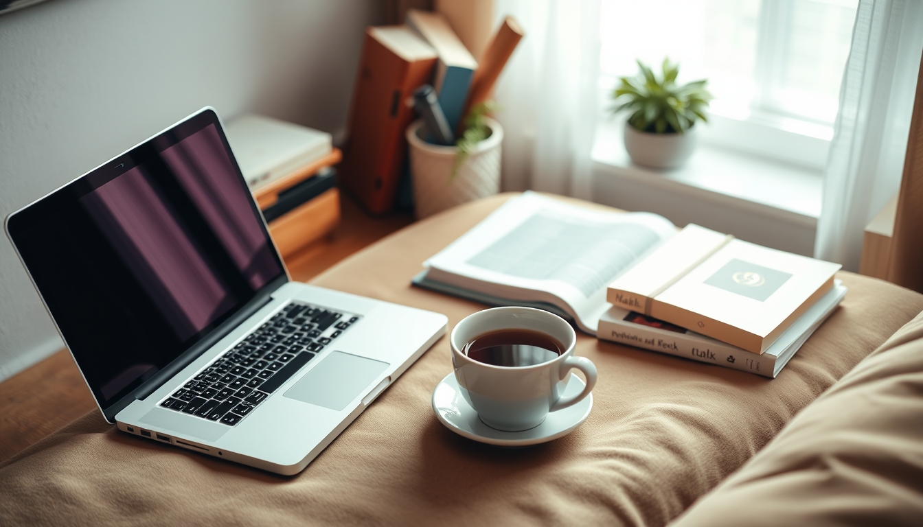 A cozy home study setup with a laptop, textbooks, and a cup of tea, emphasizing the comfort and flexibility of online education. - Image