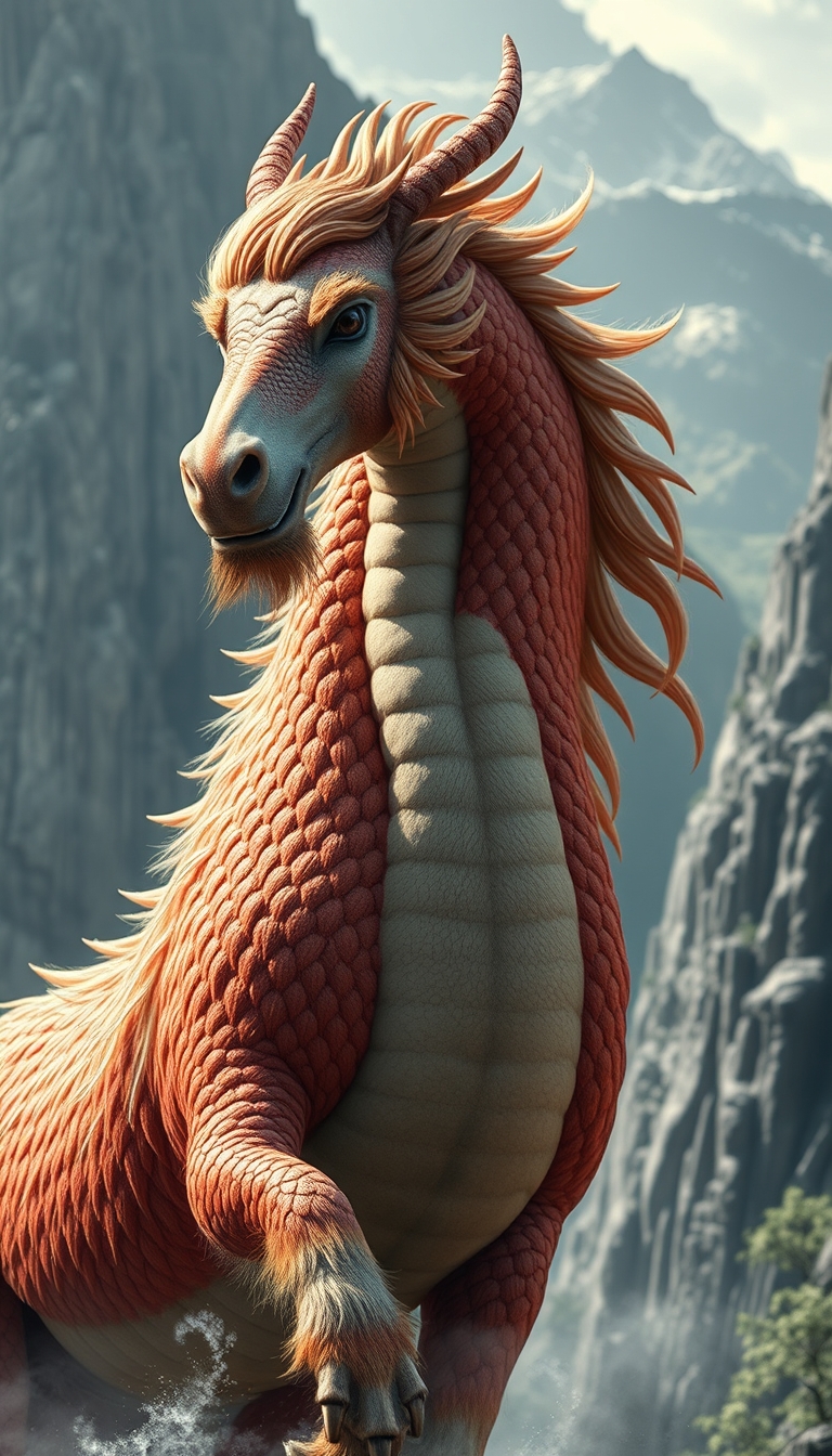 (ultra realistic) an oriental dragon combined with a hairy horse body, in a mountain background of China. - Image