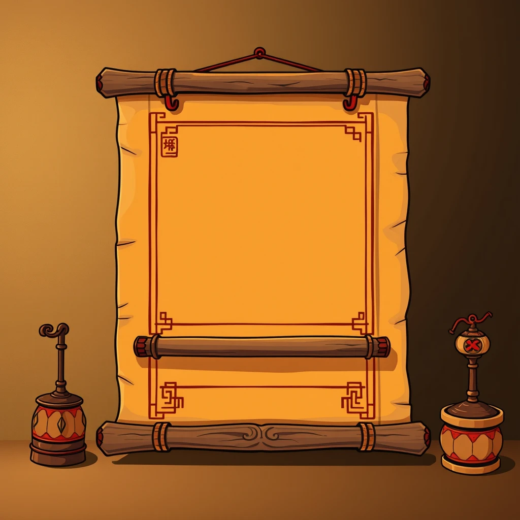 A Chinese style game cartoon frame with an ancient painting scroll and wooden signboard. The background is yellowed paper in shades from light brown to dark black, creating a strong contrast between warm and cool tones. The image is in high definition, flat comic book style, and features Chinese punk elements. - Image