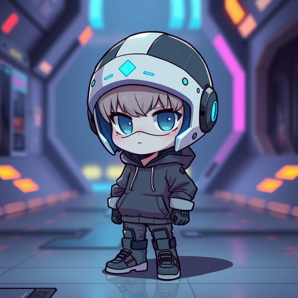 Sharp, detailed image of a futuristic chibi character with a helmet and glowing blue accents, wearing a hoodie and sneakers, standing in a sci-fi environment with soft, colorful lighting, no text.