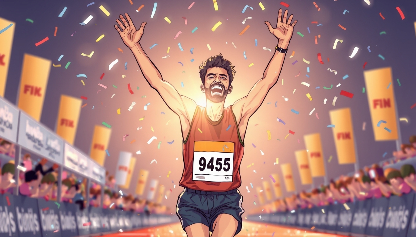 Triumphant athlete crossing the finish line, arms raised in victory, confetti falling, sunlight illuminating their face, intense joy and accomplishment, illustration.