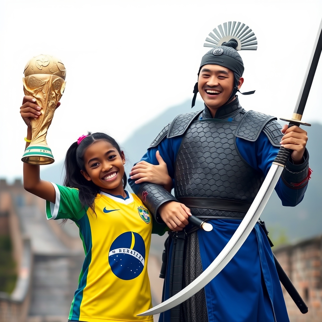 Two people are embracing; on the left is a Black girl wearing a Brazilian soccer uniform, holding up a World Cup trophy, and on the right is an Asian man dressed in ancient Chinese armor, holding a long sword. Both of them look very happy and are laughing, and the background is a blurred Great Wall of China.