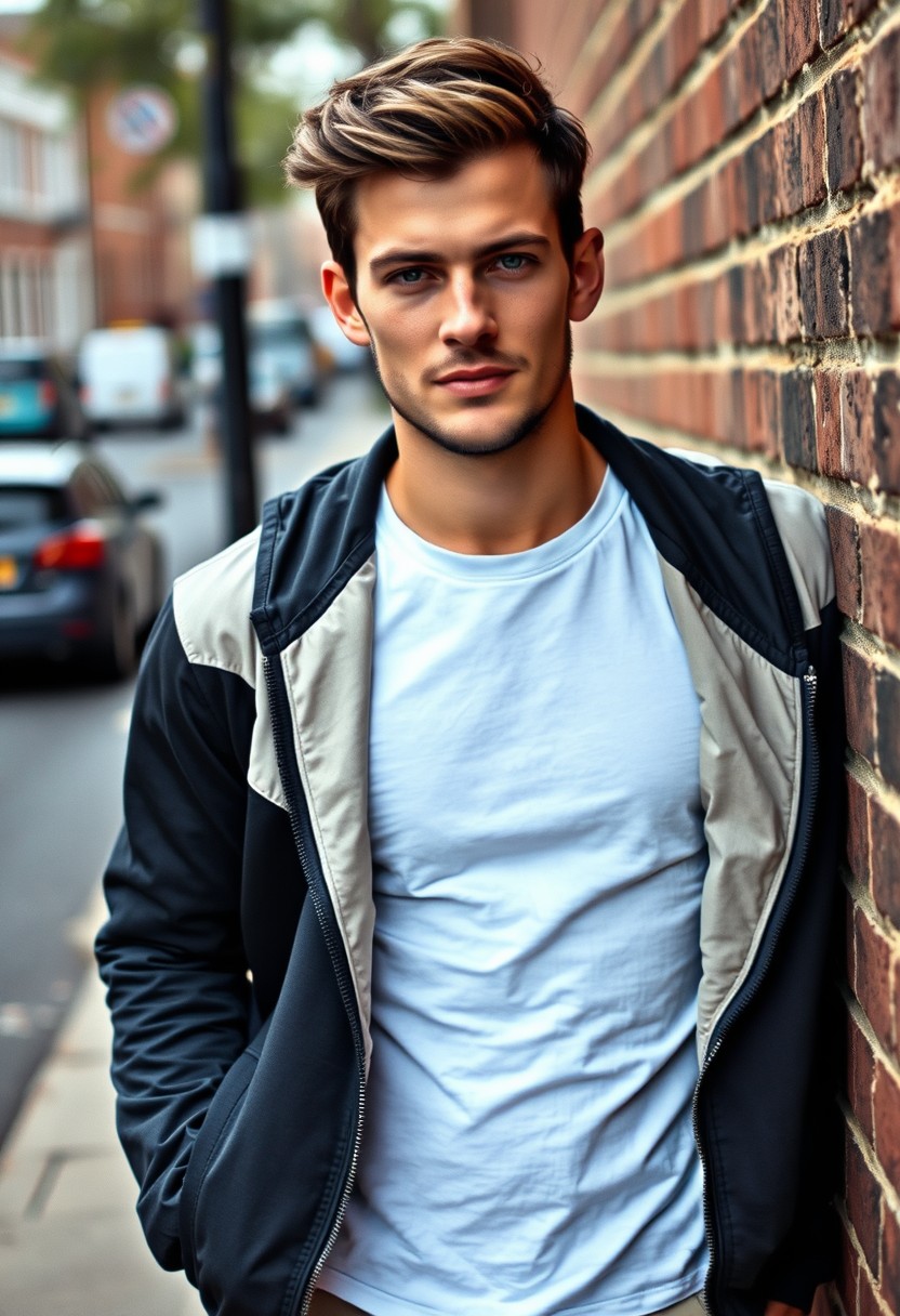 Jamie Dornan head and body shot, handsome, young, serious face, dark brown haired, white T-shirt, collage jacket, skinny jeans, sneaker, standing hot style, smile near town road, laying at wall, hyper realistic, street photography, brick wall, full body photo. - Image