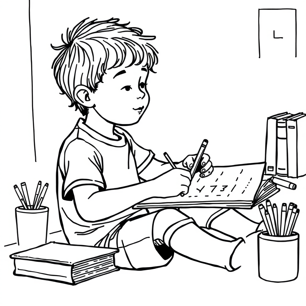 "A line drawing of a child doing summer homework in the study."