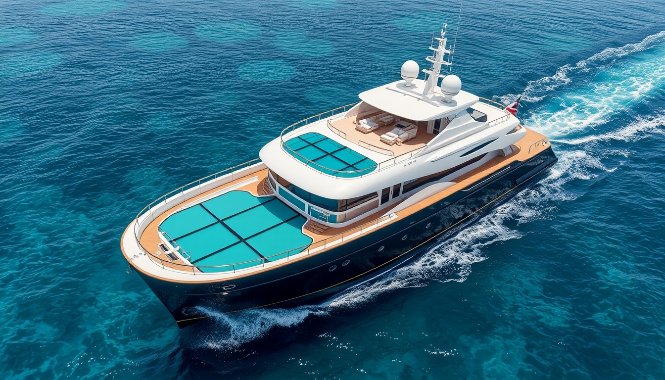 A luxurious yacht with a glass deck, cruising through crystal-clear waters. - Image