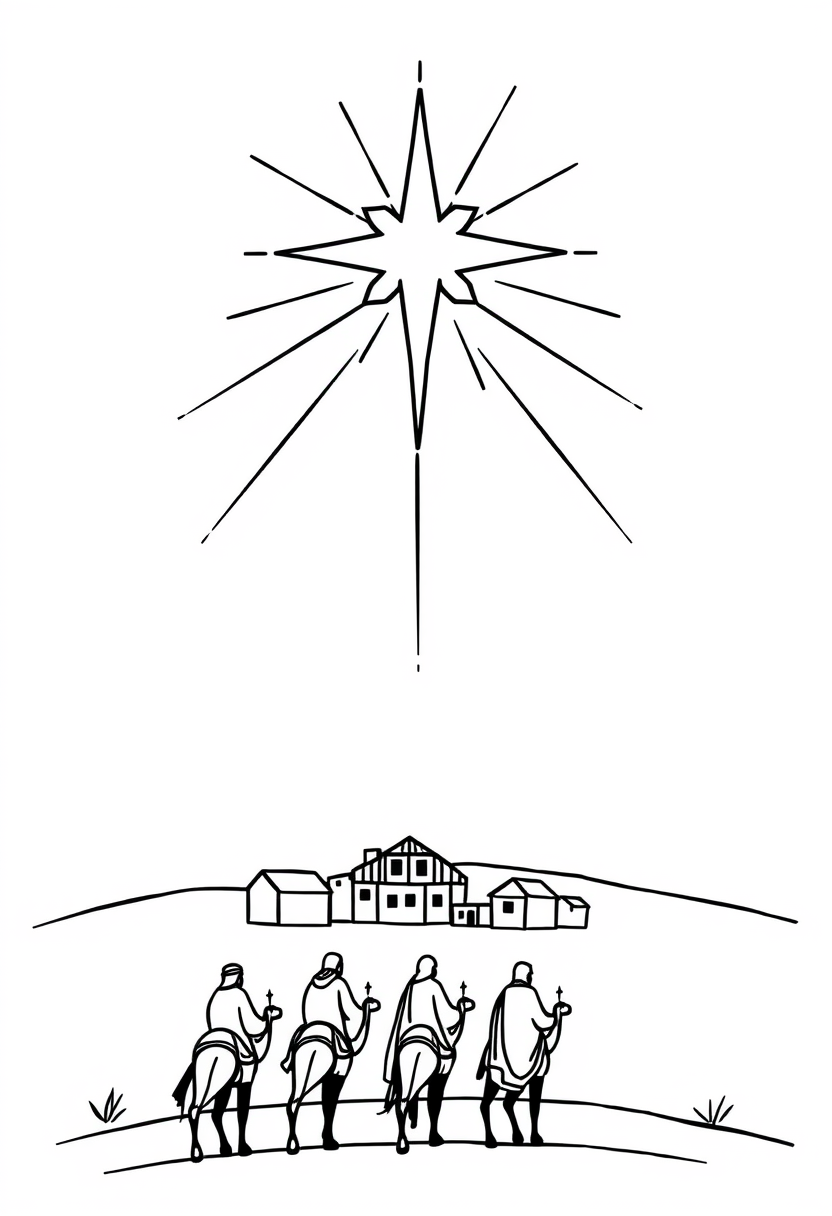 coloring book page. Simple sketch of the Star of Bethlehem: A large, bright star with extended rays. Below, draw a small town with simple houses and buildings. Add silhouettes of three wise men on camels approaching the town. line art vector style, White background, black and white drawing, sharp black lines.