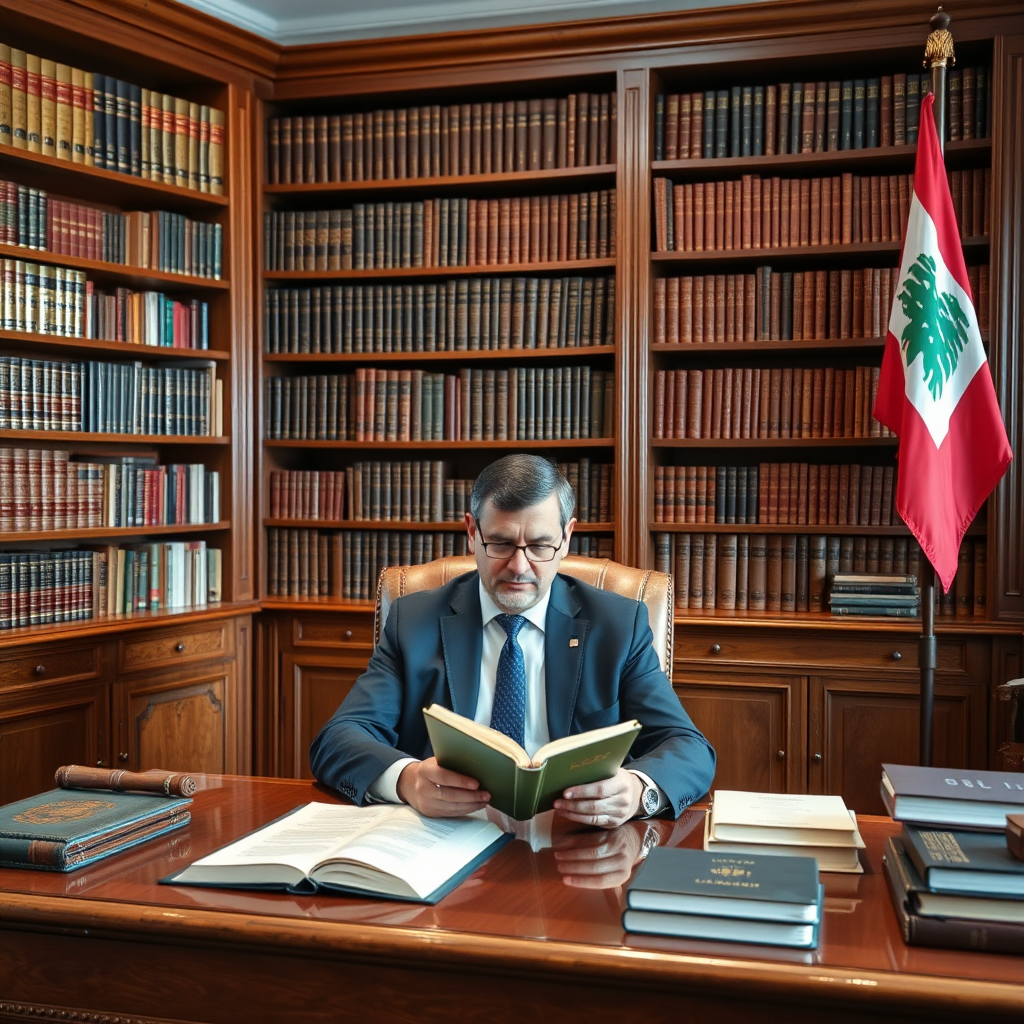 Me sitting at a desk reading a book, behind a bookshelf full of legal books, the desk is old oak wood beautifully crafted, the office is big and full of beautifully made furniture, in the corner of the office, a flag of Lebanon on a pole. - Image