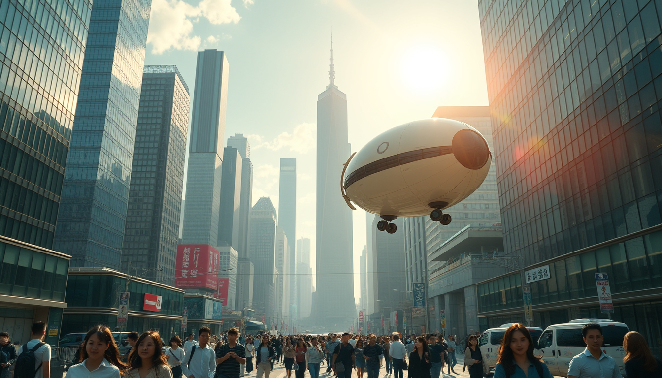 Create a stunning high-resolution image of a futuristic city. The skyline should be covered with towering skyscrapers. Include a light-colored elliptical balloon-type robot hurtling through the air with tiny black balancers on either side of the balloon. The streets should be bustling with people, Asian faces, people wearing fashion-forward styles. Highlight the small balloon-type robot, performing its rounds in the sky, and the beautiful sunlight reflecting on the glass surfaces of the buildings, creating an atmosphere of excitement and innovation. Very sharp and realistic details, 32K.