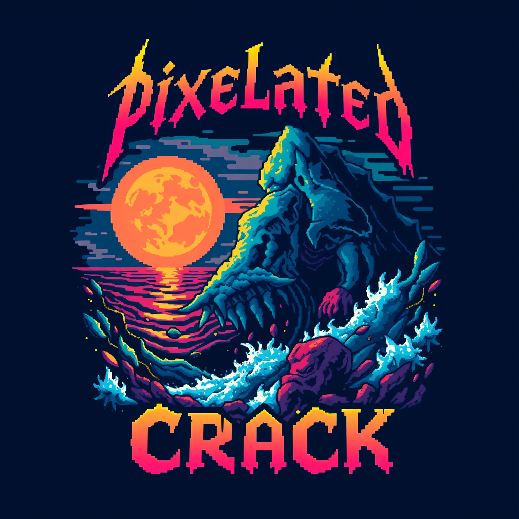 Tee shirt design with a blocky colorful 8-bit style of death metal blended with chiptune. And the visual should be unique and striking but macabre blended with beauty and the band name is "Pixelated Crack" with a scene inspired by deep sea. - Image