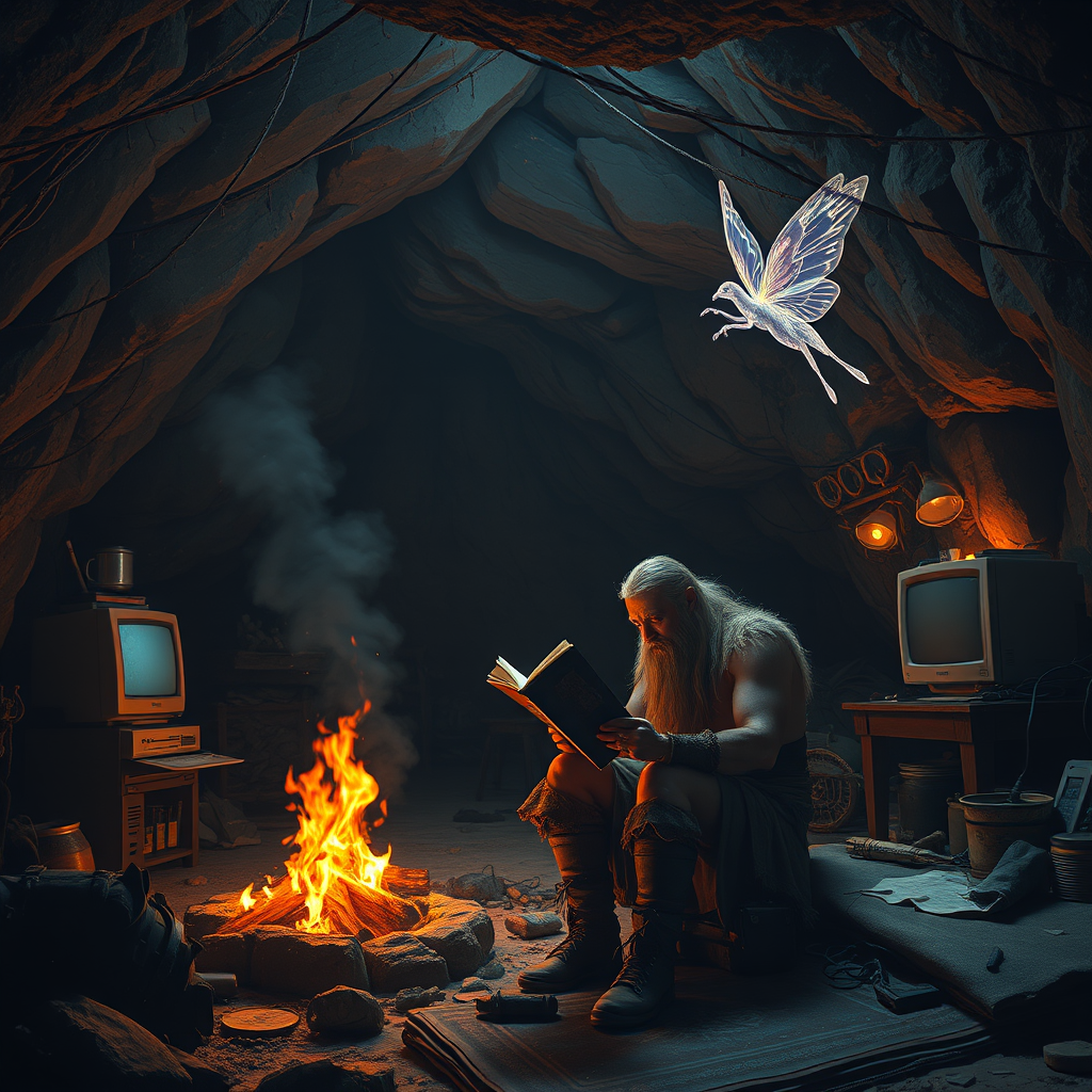 Real-life photography: At night, in the cave, there is a barbarian reading a book. The cave is very large, with a bonfire, a 90s desktop computer, and some messy household items. A beautiful fairy is flying beside him.