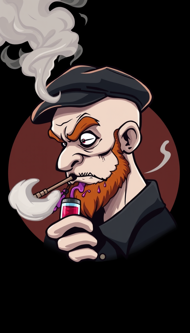 Three-quarter view cartoon demonized white human male, bald with short ginger beard, wearing a vintage flatcap. He's exhaling vapor clouds from a sleek vapemod, dripping with vibrant e-liquids. Set in a circular logo design, featuring gothic elements and a smoky, mischievous atmosphere. - Image