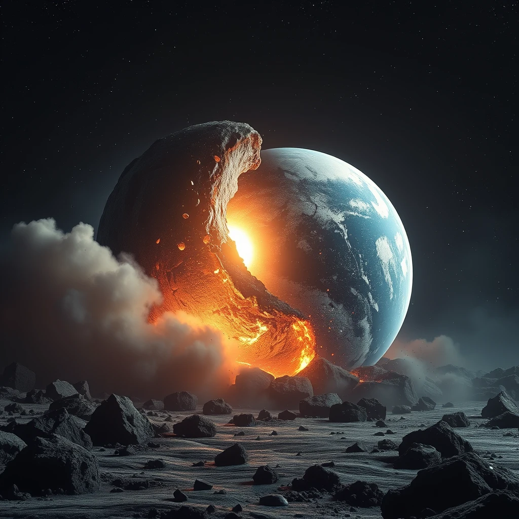 "Make the scene of the Earth and the Moon colliding and destroying each other as realistic as a real photo." - Image