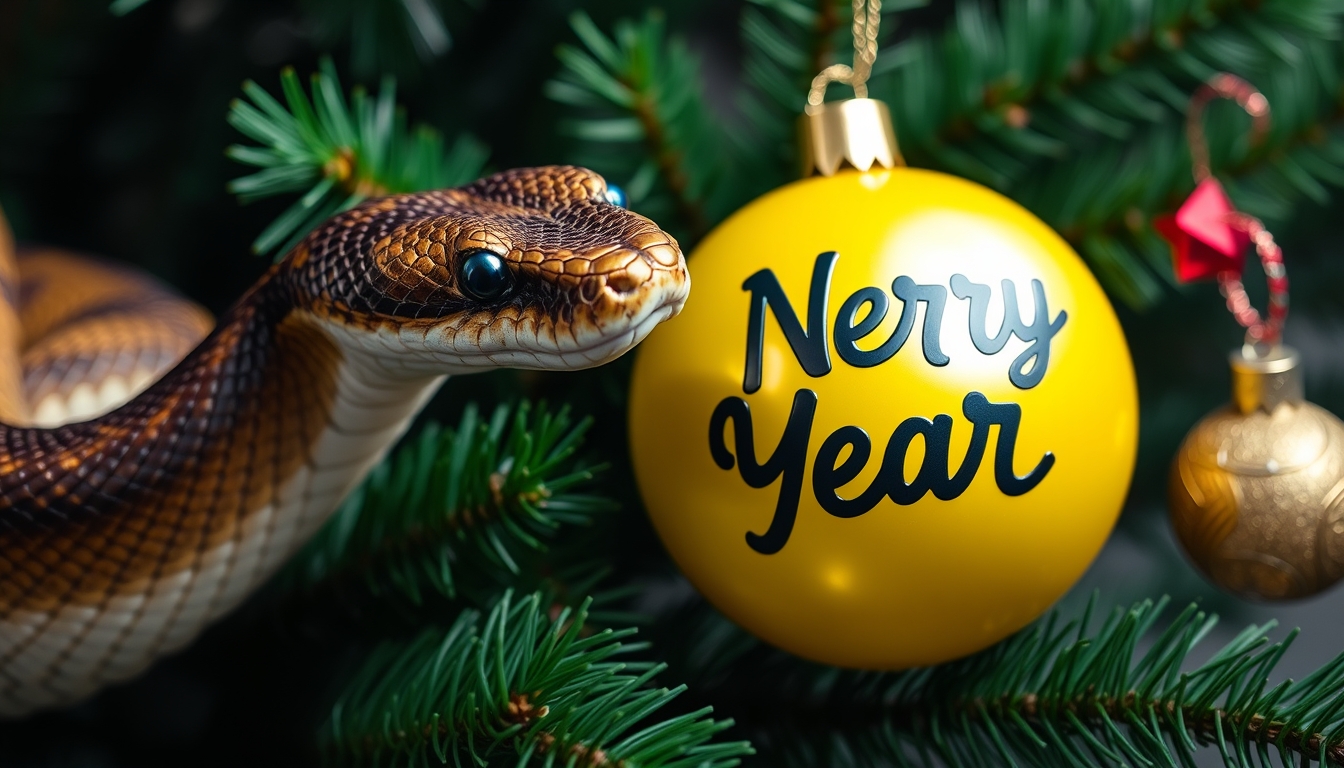 A snake and a yellow New Year's ball together with green branches of a Christmas tree. - Image