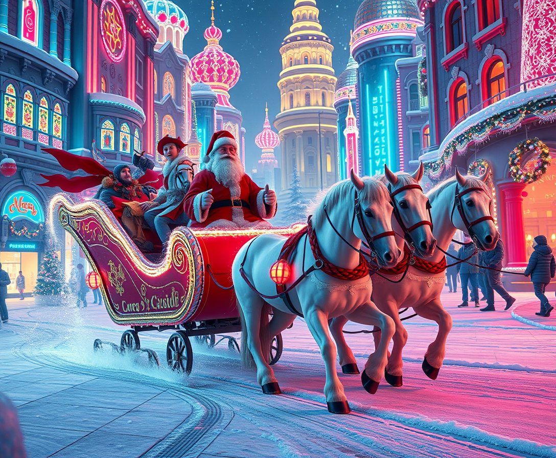 (art by Vladimir Zarubin), (cyberpunk city), Russian Snow Grandfather riding a festive sleigh, pulled by three (elegant) white horses, vibrant Christmas lights illuminating the streets, futuristic architecture glowing in neon hues, exquisite detailing, a whimsical atmosphere that combines tradition and modernity, high contrast colors, magical and enchanting ambiance, 4K ultra-detailed. - Image