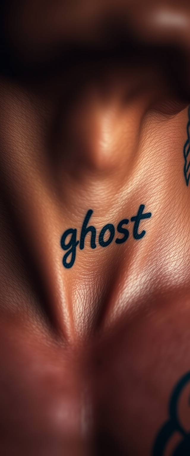 Close-up view of a tattooed neck of a super muscular Indian man with beautiful jaw features, the word "ghost" is written.