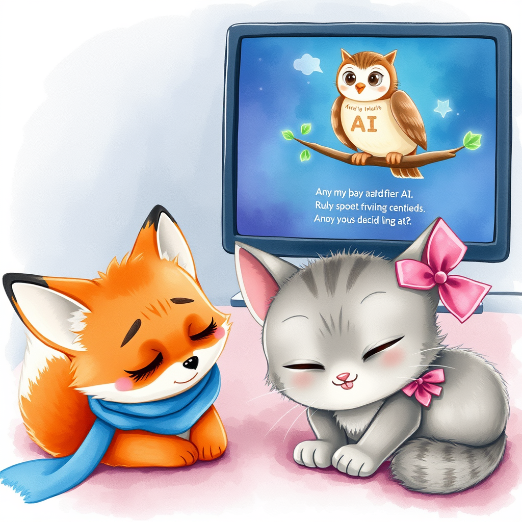 Ruby: A curious baby fox, young age, orange fur, cute face, blue scarf  
Mimi: A baby cat, young age, gray fur, big eyes, pink ribbon  

Image: Ruby is looking at her sleepy friends with a worried expression. Mimi is dozing with her head down. On the computer screen, Teacher Owl is explaining about AI, watercolor style, fairy tale book illustration.