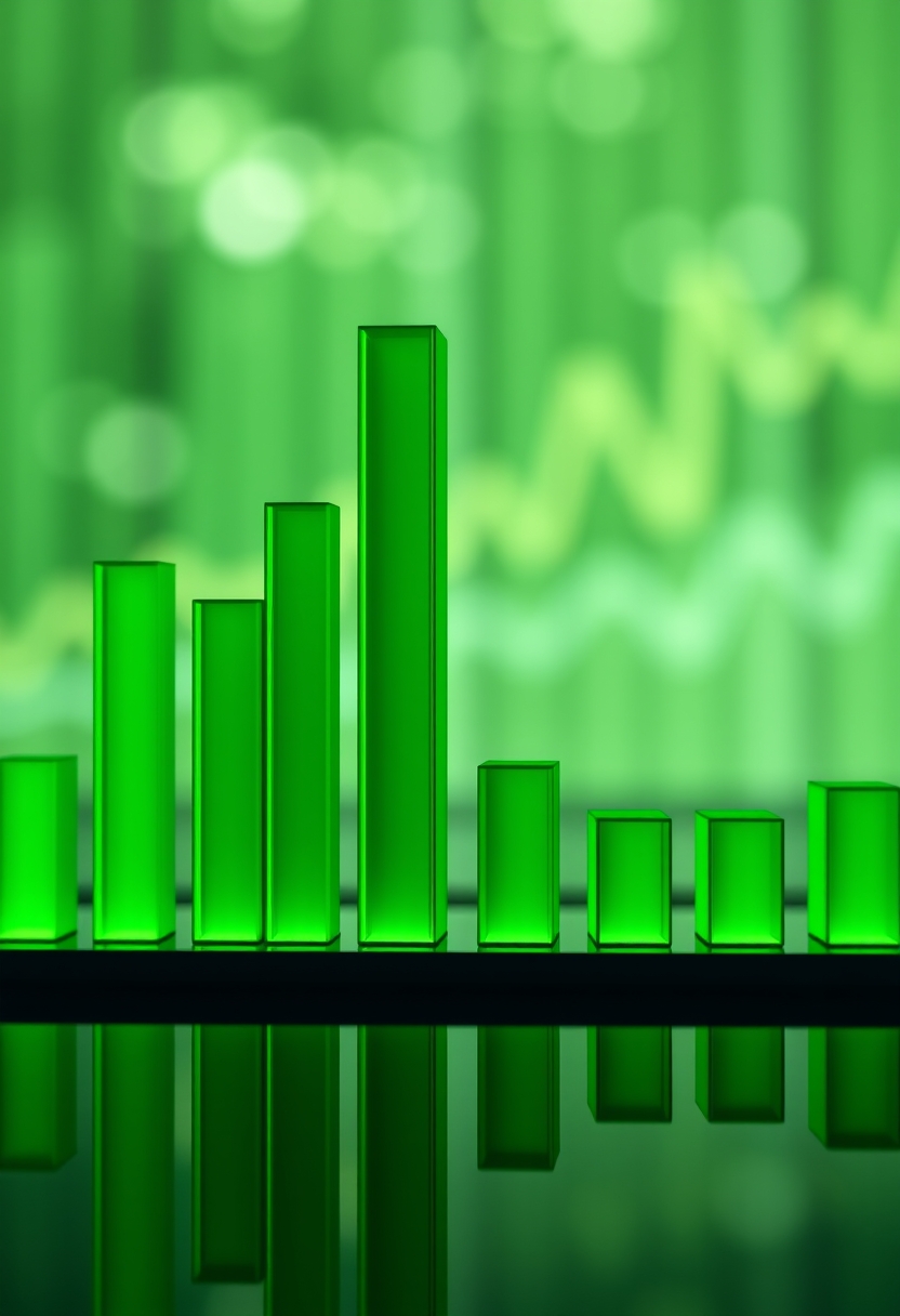 Bar charts with green color going up and down for positive eco-investing stock market or green investment banking charts. - Image