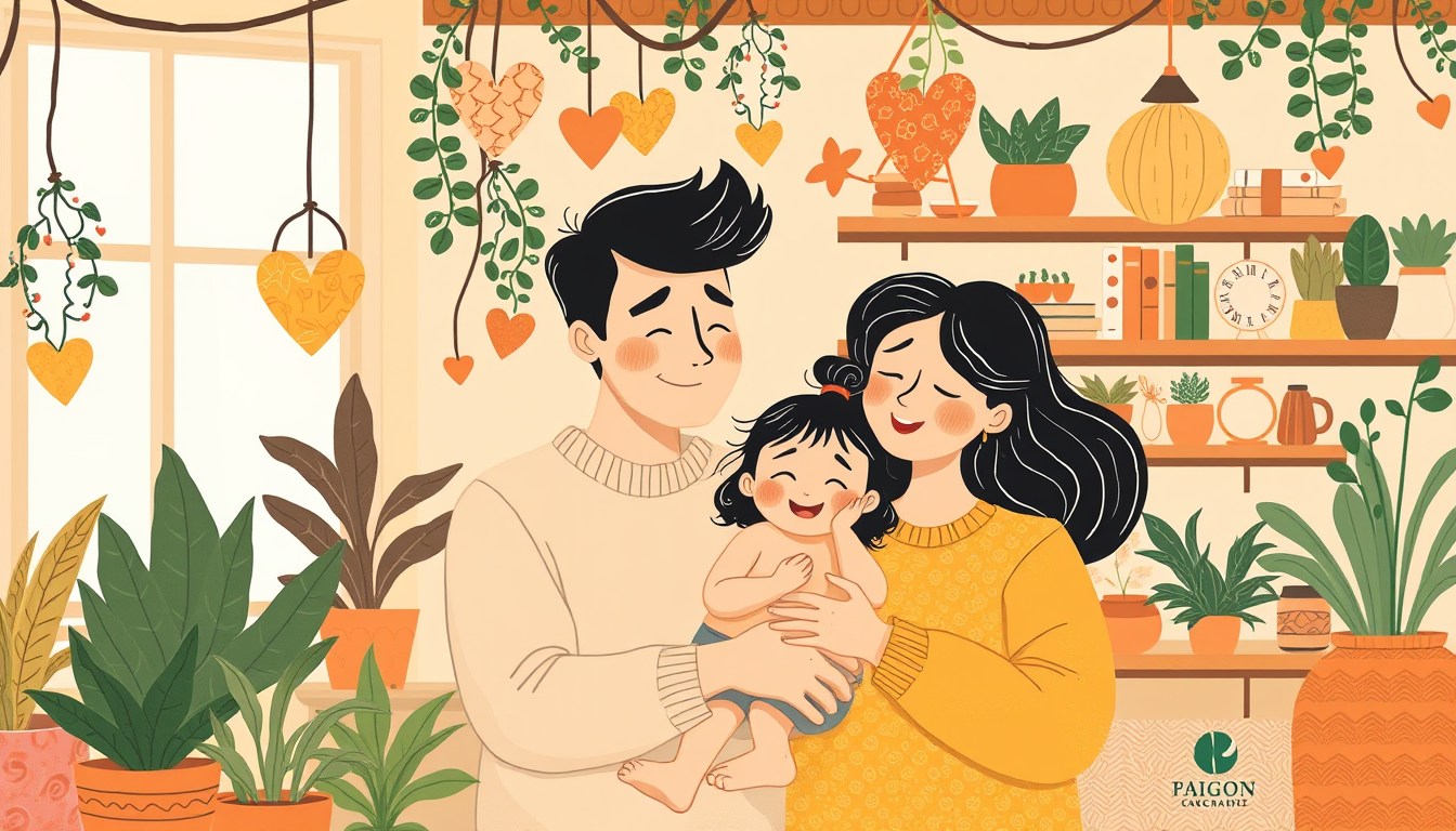 Create an image of a happy family in a style similar to the provided illustration. The setting is cozy and warm, filled with indoor plants and decorative items that evoke a sense of home. There is a father, a mother, and a little girl who are close together, exuding joy and contentment. The father is tenderly holding the little girl, while the mother stands next to them, embracing them both. Their expressions are peaceful and loving. The color palette is dominated by warm tones such as yellows, oranges, and earthy browns. The illustration should have a whimsical charm, with exaggerated features and a touch of playfulness. The background is richly decorated with hanging hearts, shelves of books, and quirky ceramics, adding to the warm atmosphere.