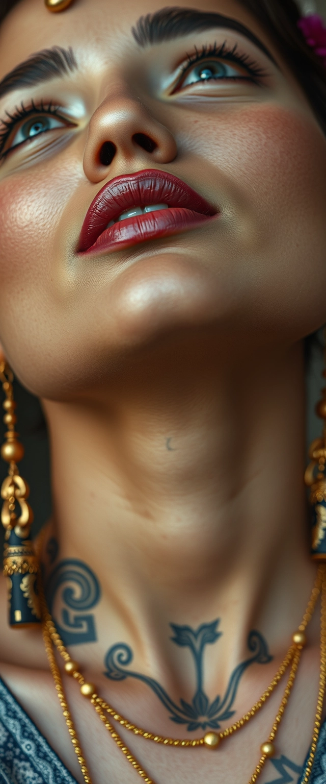 Close-up view of a tattooed neck of a fair-skinned Korean Indian woman with beautiful facial features and blue eyes, wearing gold ornaments and looking up.