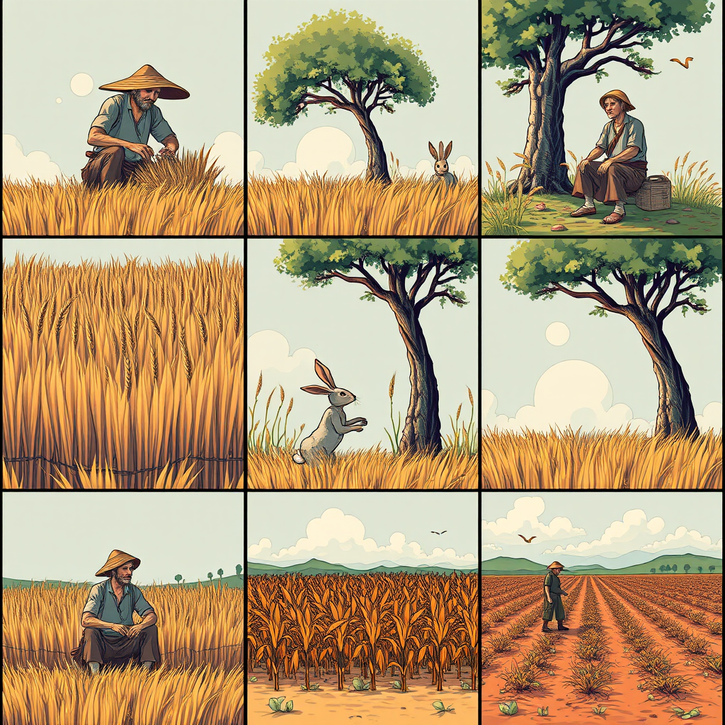 The image style is "cyberpunk," featuring an ancient farmer in a 3x3 grid. 
In the first panel, the farmer is harvesting wheat. 
In the second panel, the farmer is sitting under a tree, resting, while a rabbit is rushing toward the tree. 
In the third panel, the farmer catches the rabbit. 
In the fourth panel, the farmer is carrying the rabbit home. 
In the fifth panel, the farmer sits under the tree. 
In the sixth panel, the farmer sighs while sitting under the tree. 
In the seventh panel, the farmer stares blankly at the sky. 
In the eighth panel, the crops have withered. 
In the ninth panel, the farmer is planting seeds in the field.