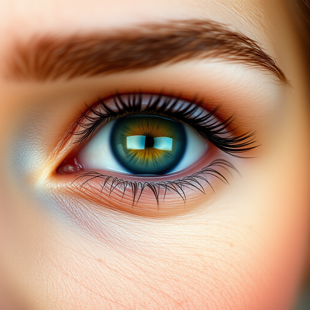 Ultra-realistic macro photography of a woman’s eyes, capturing the intricate details of the iris, delicate eyelashes, and smooth skin around the eyes, soft diffused lighting to highlight natural textures without harsh shadows or reflections, ultra-high definition with sharp focus on the iris and lashes, natural color palette with enhanced contrast to emphasize the vibrancy of the iris and the fine details, Canon EOS R5, 100mm macro lens, extreme close-up with shallow depth of field to keep full attention on the eyes.