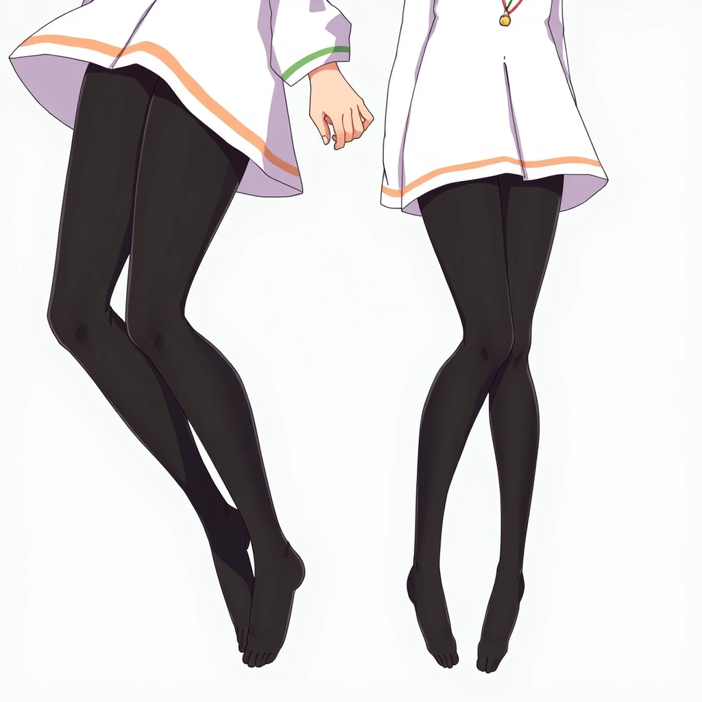 Japanese animation female characters wearing black stockings and holding hands. - Image