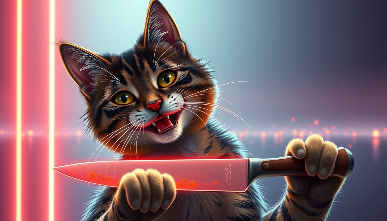 "I want a snack," action-packed grin smile cat with knife in hand, reflecting in glow neon edge, glowing, sparks horizon, detailed mirroring horizon reflecting polychromic space, straight lines, winning award digital art, high detailed. - Image