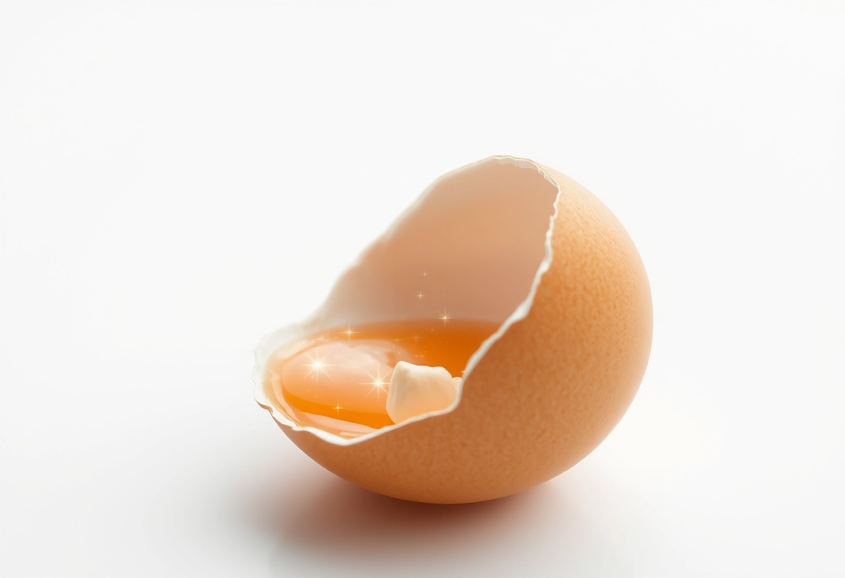 A close-up shot of an egg cracked in half on an endless pure white surface, with shining galaxy stars flowing like water from between the two halves of the eggshell onto the surface.