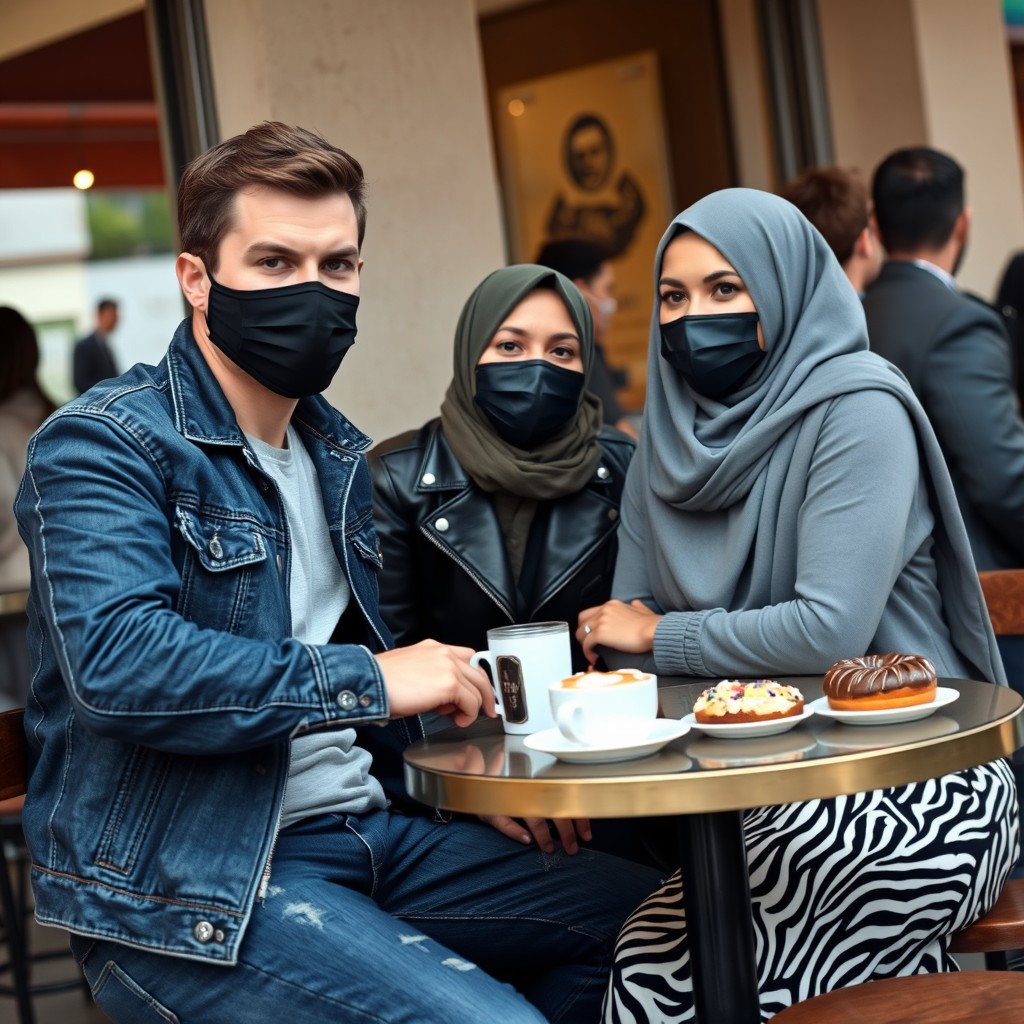 Jamie Dornan's head and body shot, handsome, black face mask, blue jeans jacket, jeans, dating a lovely Muslim girl in a grey hijab with beautiful eyes, wearing a black face mask, black leather jacket, and the biggest zebra-patterned skirt, at a café with 2 cups of latte, a muffin cake, and a chocolate donut on a table, along with 3 other friends, photorealistic, hyper-realistic, street photography, selfie.