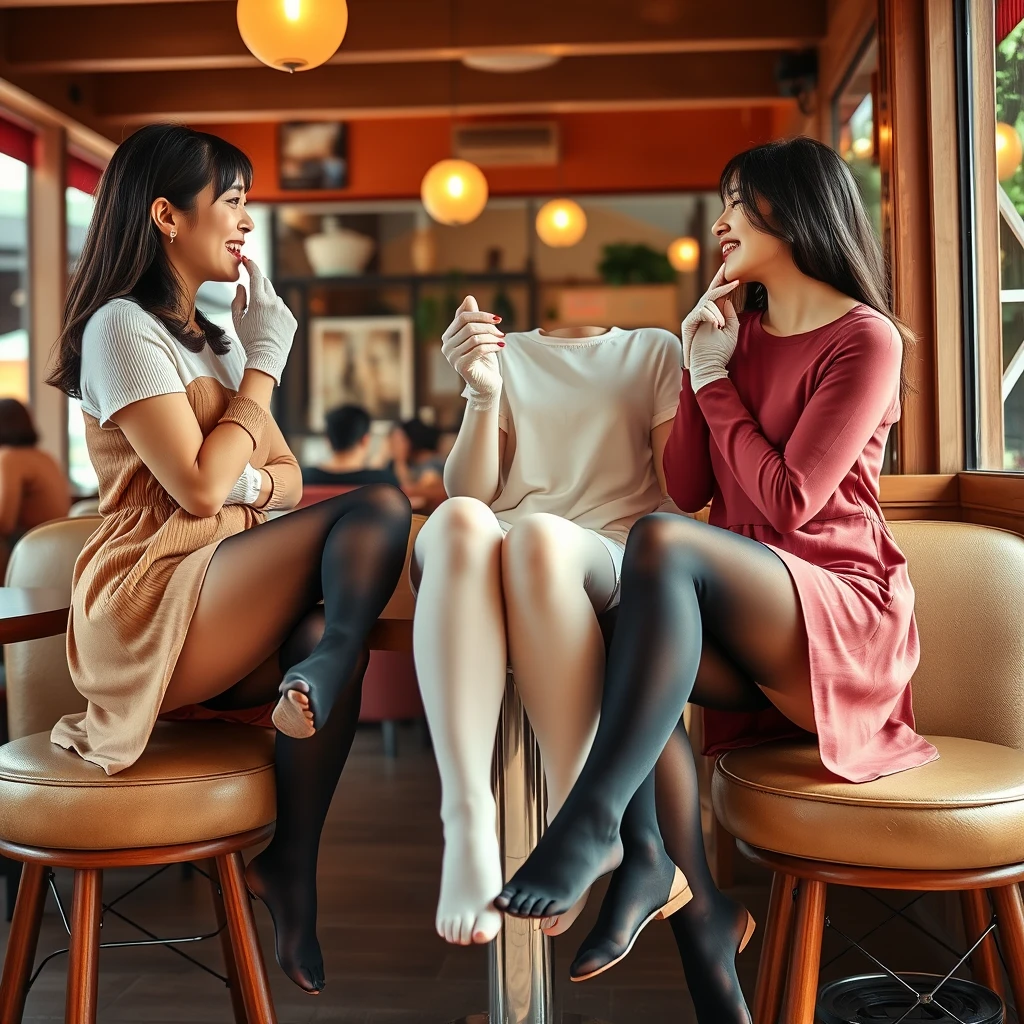 Three women wearing leggings and white and black stockings are facing each other, laughing and touching their feet, showing their tiptoes and wearing thin gloves. They are touching their lips and are in a cozy café on a hot summer day, captured in a real photo style with an Asian aesthetic.