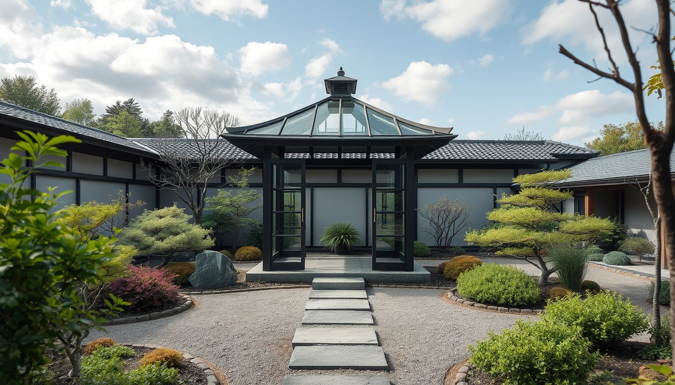 A tranquil zen garden with a glass meditation pavilion at its center.