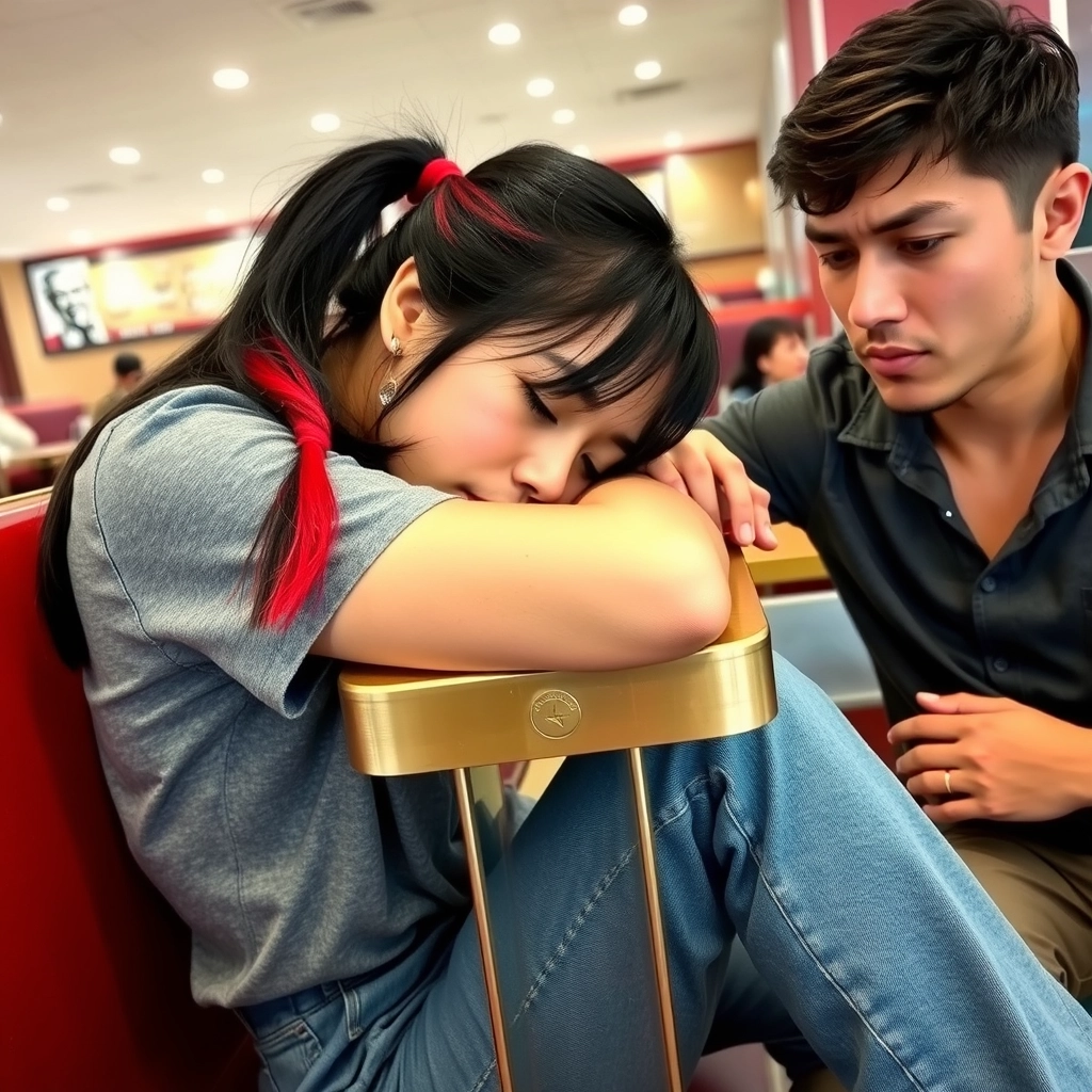 A photo of an Asian woman sleeping at the table in KFC, wearing gray short sleeves and jeans, taken with her phone's camera. The background shows empty restaurant tables. She has long black hair tied back into two ponytails, one red and one brown. Her face is covered by her arm as she curls up on top of it to sleep. She looks very tired but peaceful, resting her head on her hand over the nightstand. Her boyfriend appears in the scene, looking shocked and trying to wake her up. He is wearing a casual outfit, with a concerned expression on his face as he gently shakes her shoulder. - Image