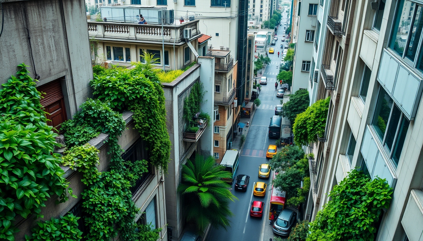 A high-angle shot of a bustling city street, lush green plants spilling from windows and rooftops, creating a vibrant contrast against concrete structures.