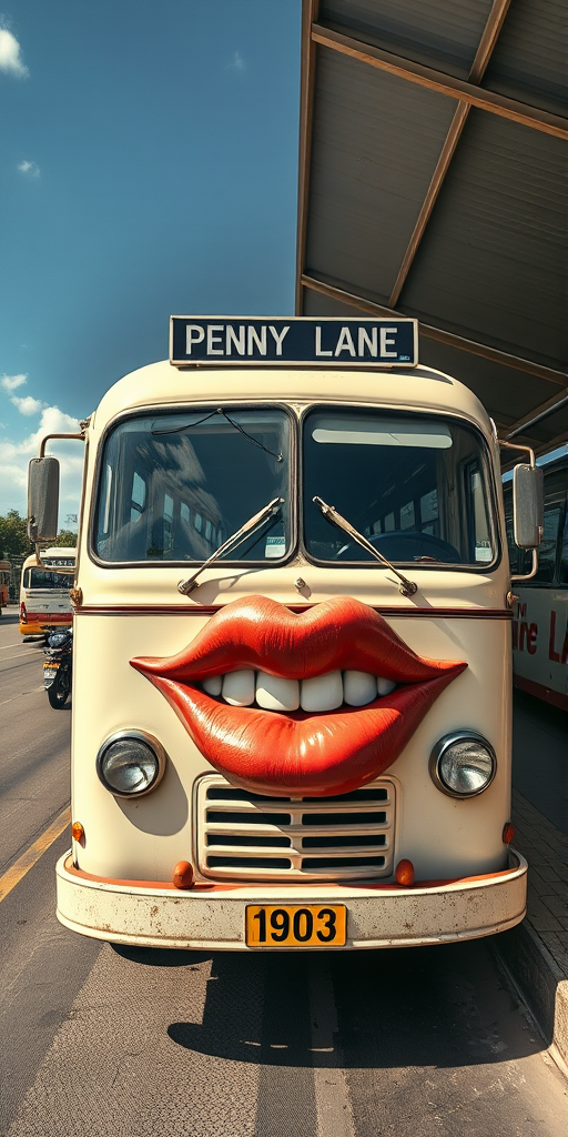 Surreal and whimsical image featuring a vintage bus parked at a bus station. The bus has a cream-colored exterior with a slightly weathered look, and the number '1903' is displayed on the front. The most striking feature is the large, exaggerated set of lips and teeth superimposed on the front bumper of the bus, resembling a face, with headlights as eyes, giving it a cartoonish and humorous appearance. The bus station has a covered area with a high roof, and there are other buses and motorcycles visible in the background. The bus destination sign reads 'PENNY LANE' in white text on a black background. The overall scene is bright and clear, with a blue sky and some clouds visible. - Image