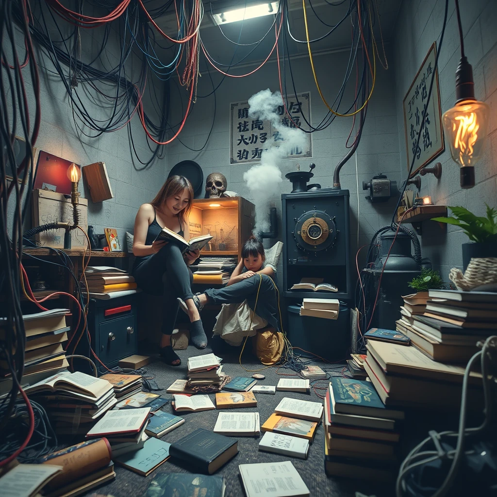 A real-life photograph, wide shot, of a tall strong woman and a girl reading books in the corner of a room. The room has some books scattered messily, and many wires of varying thicknesses are on the floor and in the air, including red, blue, yellow, and other colors. Additionally, there are some machines emitting steam and fire. The lighting is dim, and there are some plants. There are Chinese characters or Japanese characters.