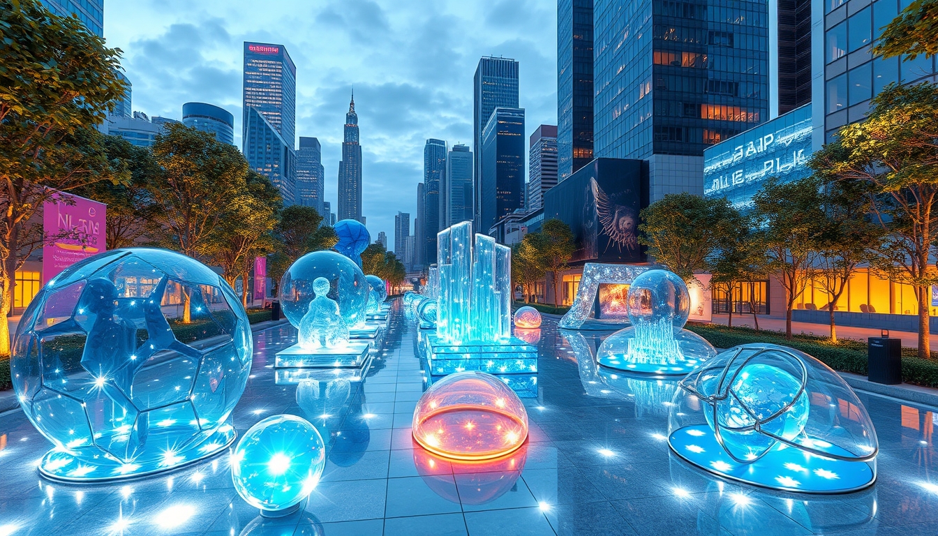 A futuristic city park with glass sculptures and interactive installations. - Image